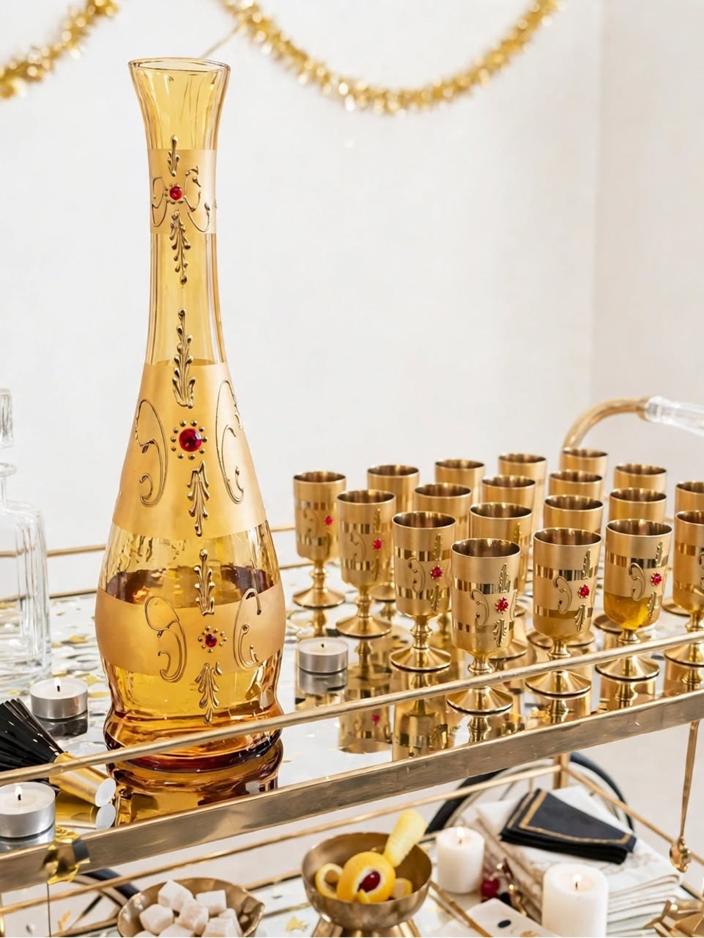 Vintage 19pc Yellow Amber Glass Decanter Set Gold Gilt Red Jewel
